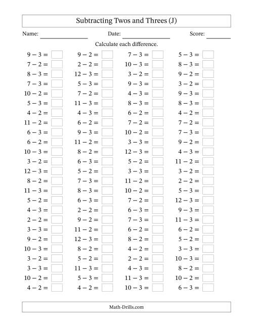 The Horizontally Arranged Subtracting Twos and Threes with Differences from 0 to 9 (100 Questions) (J) Math Worksheet