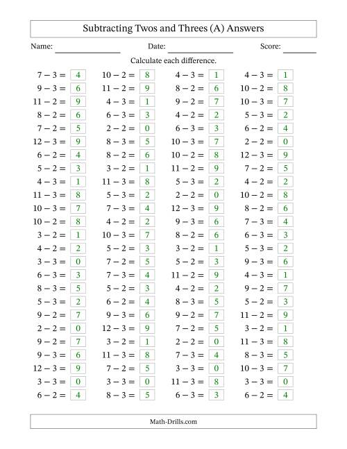 The Horizontally Arranged Subtracting Twos and Threes with Differences from 0 to 9 (100 Questions) (All) Math Worksheet Page 2