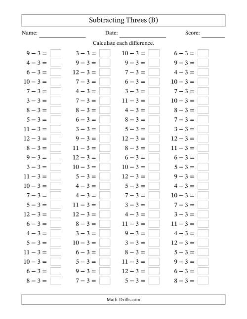 The Horizontally Arranged Subtracting Threes with Differences from 0 to 9 (100 Questions) (B) Math Worksheet