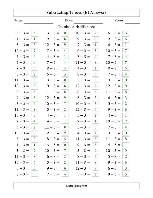 The Horizontally Arranged Subtracting Threes with Differences from 0 to 9 (100 Questions) (B) Math Worksheet Page 2