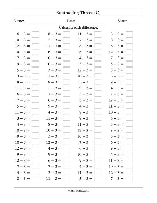 The Horizontally Arranged Subtracting Threes with Differences from 0 to 9 (100 Questions) (C) Math Worksheet