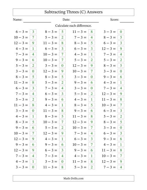 The Horizontally Arranged Subtracting Threes with Differences from 0 to 9 (100 Questions) (C) Math Worksheet Page 2