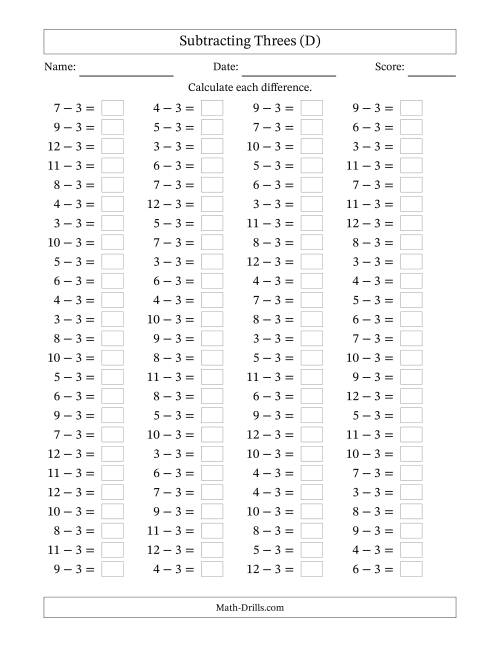 The Horizontally Arranged Subtracting Threes with Differences from 0 to 9 (100 Questions) (D) Math Worksheet