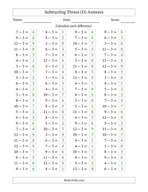 The Horizontally Arranged Subtracting Threes with Differences from 0 to 9 (100 Questions) (D) Math Worksheet Page 2