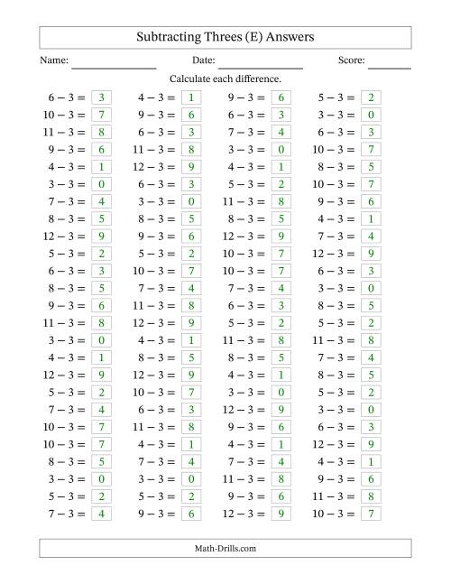 The Horizontally Arranged Subtracting Threes with Differences from 0 to 9 (100 Questions) (E) Math Worksheet Page 2