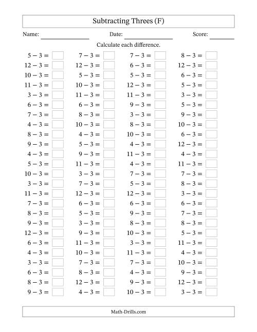 The Horizontally Arranged Subtracting Threes with Differences from 0 to 9 (100 Questions) (F) Math Worksheet