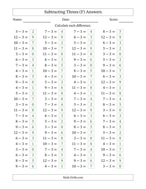 The Horizontally Arranged Subtracting Threes with Differences from 0 to 9 (100 Questions) (F) Math Worksheet Page 2