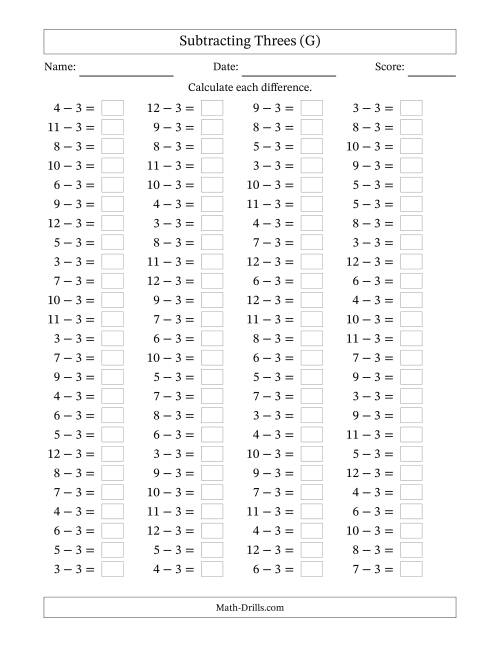 The Horizontally Arranged Subtracting Threes with Differences from 0 to 9 (100 Questions) (G) Math Worksheet