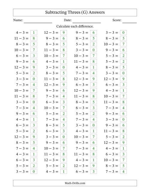 The Horizontally Arranged Subtracting Threes with Differences from 0 to 9 (100 Questions) (G) Math Worksheet Page 2