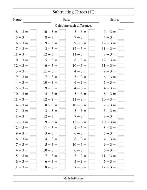 The Horizontally Arranged Subtracting Threes with Differences from 0 to 9 (100 Questions) (H) Math Worksheet