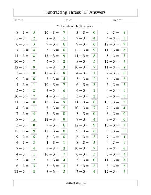 The Horizontally Arranged Subtracting Threes with Differences from 0 to 9 (100 Questions) (H) Math Worksheet Page 2