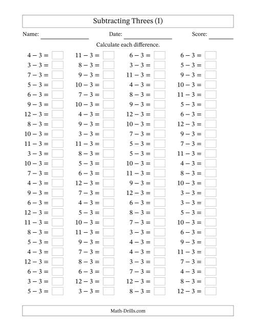 The Horizontally Arranged Subtracting Threes with Differences from 0 to 9 (100 Questions) (I) Math Worksheet