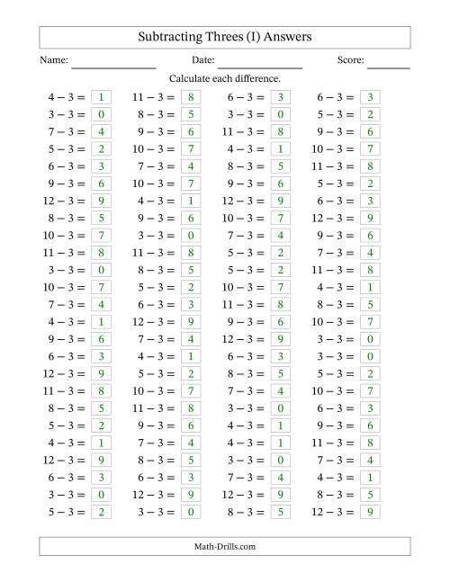 The Horizontally Arranged Subtracting Threes with Differences from 0 to 9 (100 Questions) (I) Math Worksheet Page 2