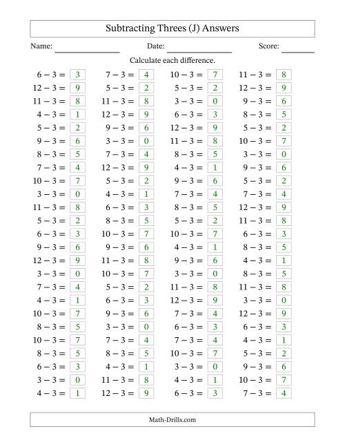 The Horizontally Arranged Subtracting Threes with Differences from 0 to 9 (100 Questions) (J) Math Worksheet Page 2
