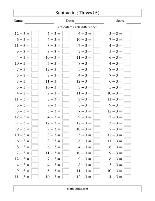 The Horizontally Arranged Subtracting Threes with Differences from 0 to 9 (100 Questions) (All) Math Worksheet