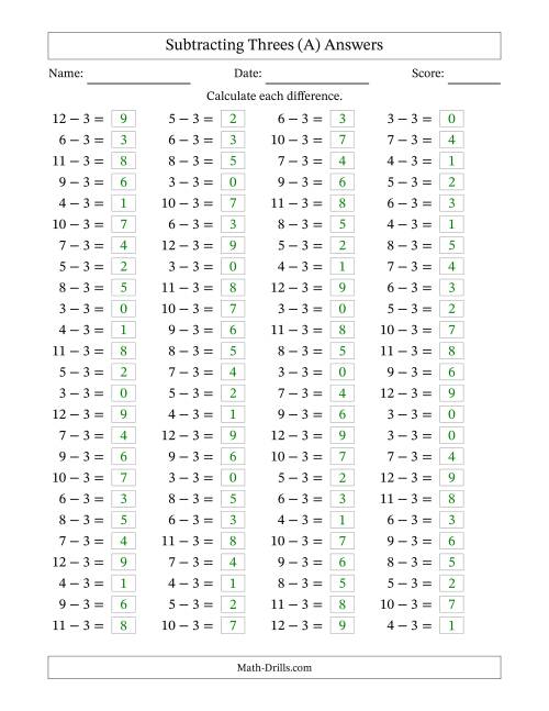 The Horizontally Arranged Subtracting Threes with Differences from 0 to 9 (100 Questions) (All) Math Worksheet Page 2