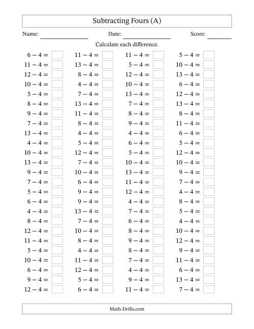 The Horizontally Arranged Subtracting Fours with Differences from 0 to 9 (100 Questions) (A) Math Worksheet