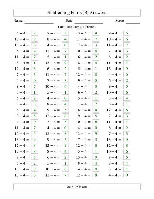 The Horizontally Arranged Subtracting Fours with Differences from 0 to 9 (100 Questions) (B) Math Worksheet Page 2