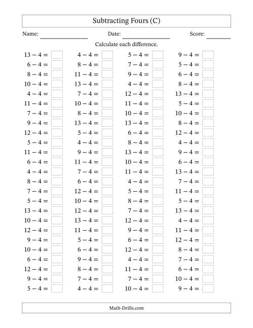 The Horizontally Arranged Subtracting Fours with Differences from 0 to 9 (100 Questions) (C) Math Worksheet
