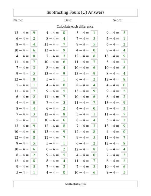 The Horizontally Arranged Subtracting Fours with Differences from 0 to 9 (100 Questions) (C) Math Worksheet Page 2