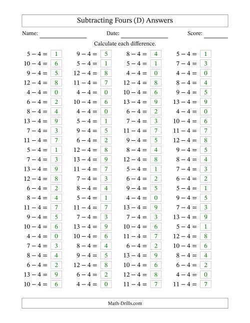 The Horizontally Arranged Subtracting Fours with Differences from 0 to 9 (100 Questions) (D) Math Worksheet Page 2