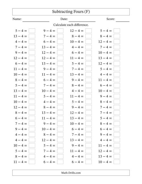 The Horizontally Arranged Subtracting Fours with Differences from 0 to 9 (100 Questions) (F) Math Worksheet
