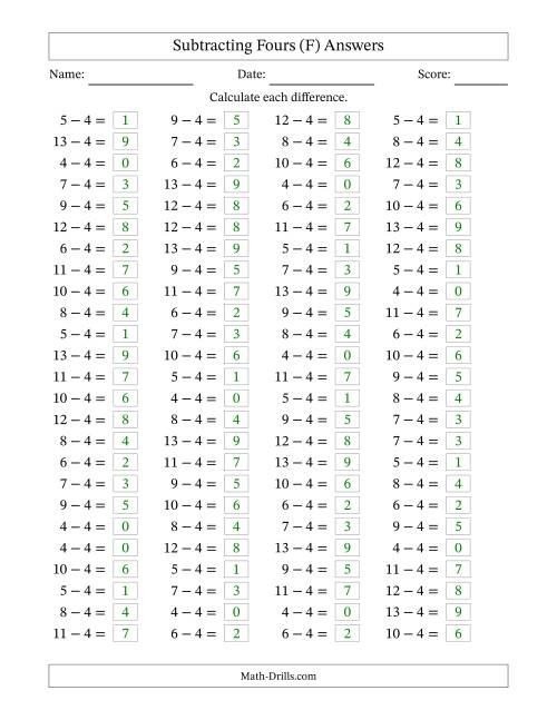 The Horizontally Arranged Subtracting Fours with Differences from 0 to 9 (100 Questions) (F) Math Worksheet Page 2