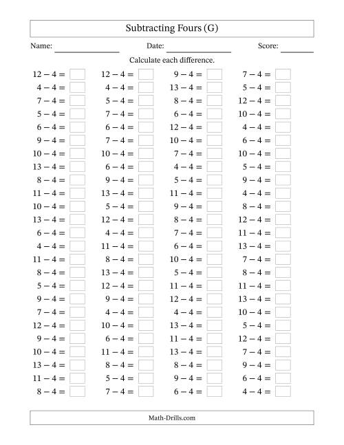 The Horizontally Arranged Subtracting Fours with Differences from 0 to 9 (100 Questions) (G) Math Worksheet