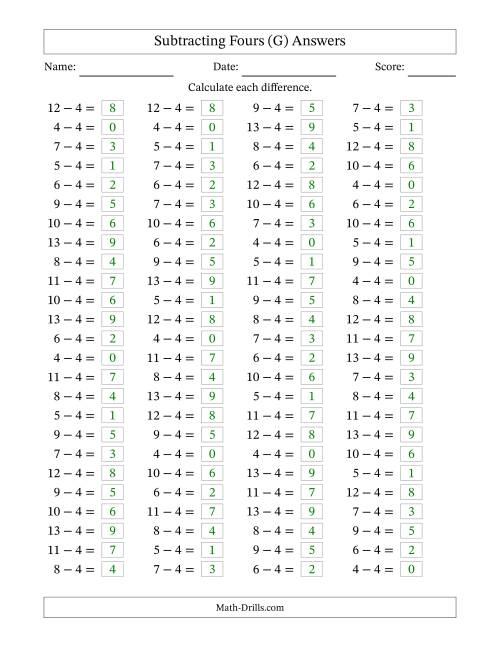 The Horizontally Arranged Subtracting Fours with Differences from 0 to 9 (100 Questions) (G) Math Worksheet Page 2