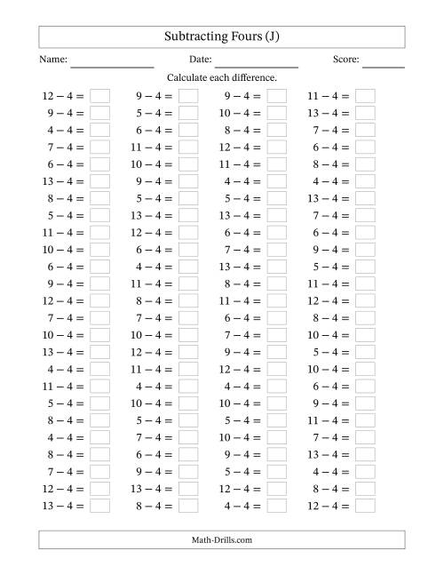 The Horizontally Arranged Subtracting Fours with Differences from 0 to 9 (100 Questions) (J) Math Worksheet