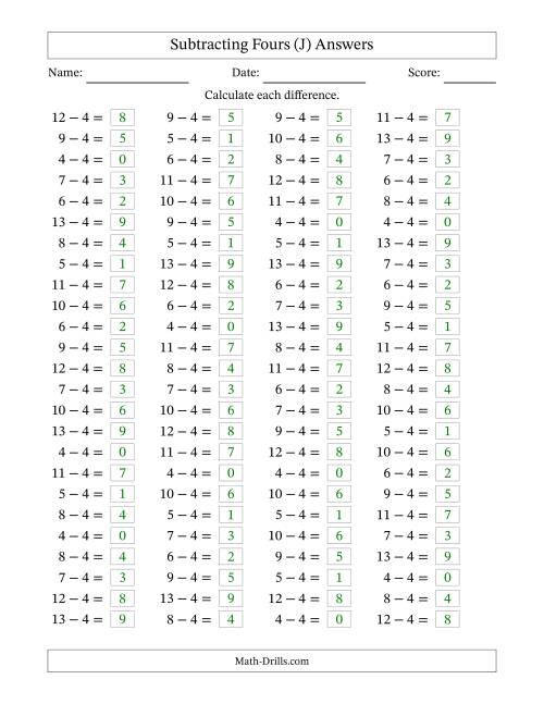 The Horizontally Arranged Subtracting Fours with Differences from 0 to 9 (100 Questions) (J) Math Worksheet Page 2