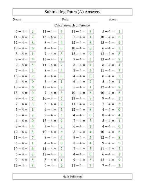 The Horizontally Arranged Subtracting Fours with Differences from 0 to 9 (100 Questions) (All) Math Worksheet Page 2