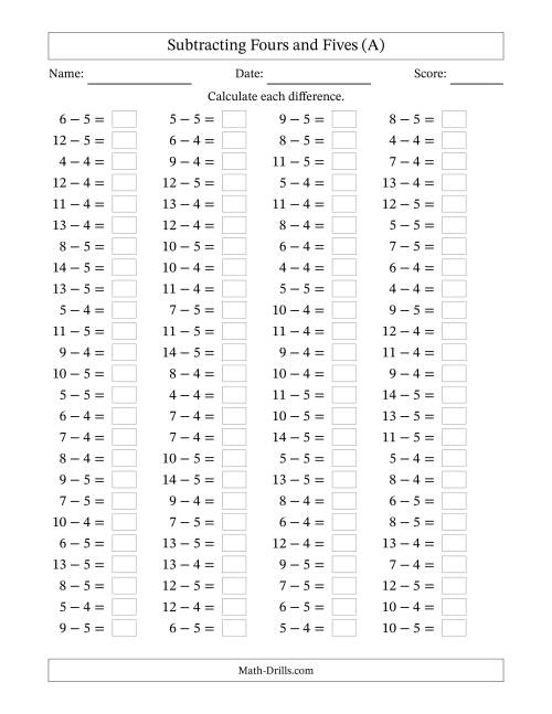 The Horizontally Arranged Subtracting Fours and Fives with Differences from 0 to 9 (100 Questions) (A) Math Worksheet