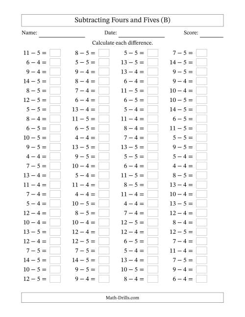 The Horizontally Arranged Subtracting Fours and Fives with Differences from 0 to 9 (100 Questions) (B) Math Worksheet