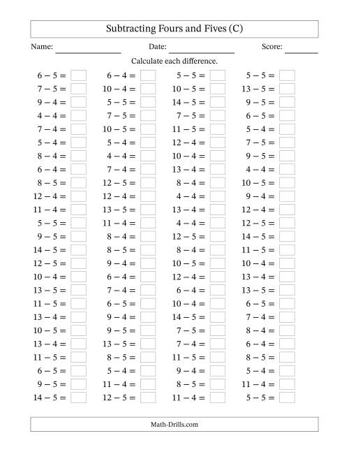 The Horizontally Arranged Subtracting Fours and Fives with Differences from 0 to 9 (100 Questions) (C) Math Worksheet