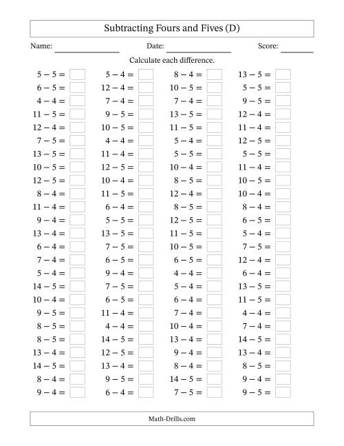 The Horizontally Arranged Subtracting Fours and Fives with Differences from 0 to 9 (100 Questions) (D) Math Worksheet