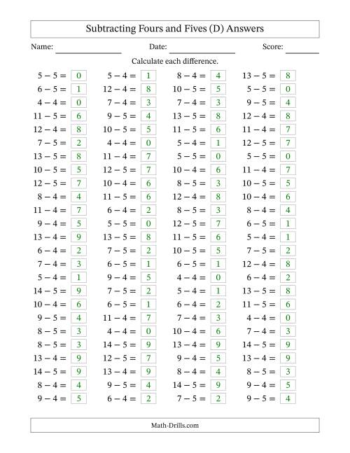 The Horizontally Arranged Subtracting Fours and Fives with Differences from 0 to 9 (100 Questions) (D) Math Worksheet Page 2