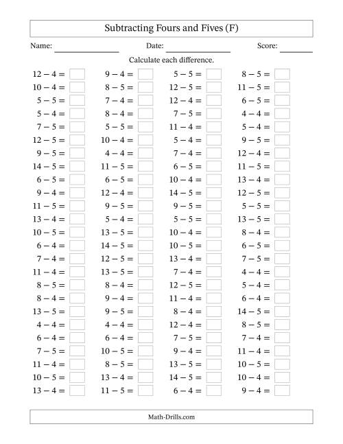 The Horizontally Arranged Subtracting Fours and Fives with Differences from 0 to 9 (100 Questions) (F) Math Worksheet