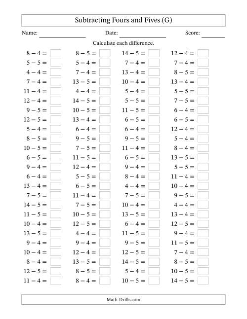 The Horizontally Arranged Subtracting Fours and Fives with Differences from 0 to 9 (100 Questions) (G) Math Worksheet