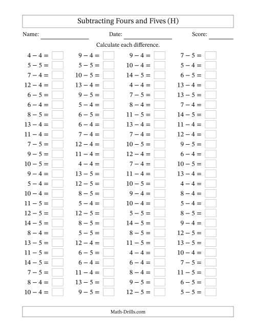 The Horizontally Arranged Subtracting Fours and Fives with Differences from 0 to 9 (100 Questions) (H) Math Worksheet