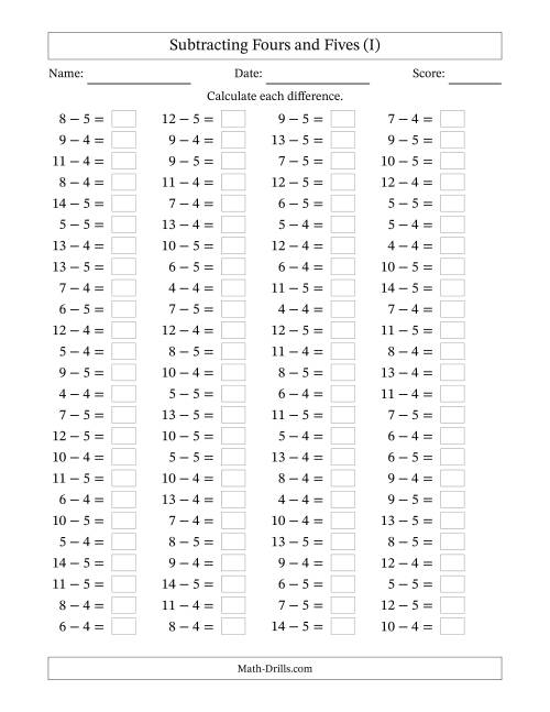 The Horizontally Arranged Subtracting Fours and Fives with Differences from 0 to 9 (100 Questions) (I) Math Worksheet