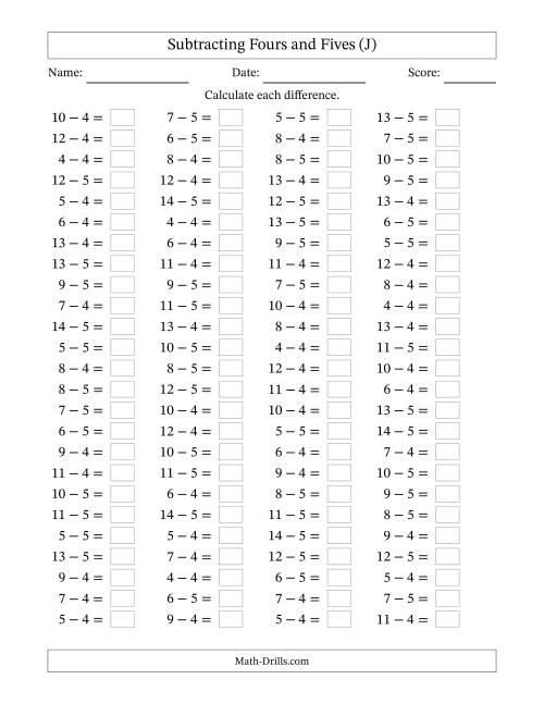 The Horizontally Arranged Subtracting Fours and Fives with Differences from 0 to 9 (100 Questions) (J) Math Worksheet
