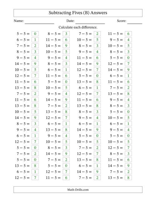 The Horizontally Arranged Subtracting Fives with Differences from 0 to 9 (100 Questions) (B) Math Worksheet Page 2