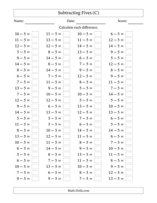 The Horizontally Arranged Subtracting Fives with Differences from 0 to 9 (100 Questions) (C) Math Worksheet