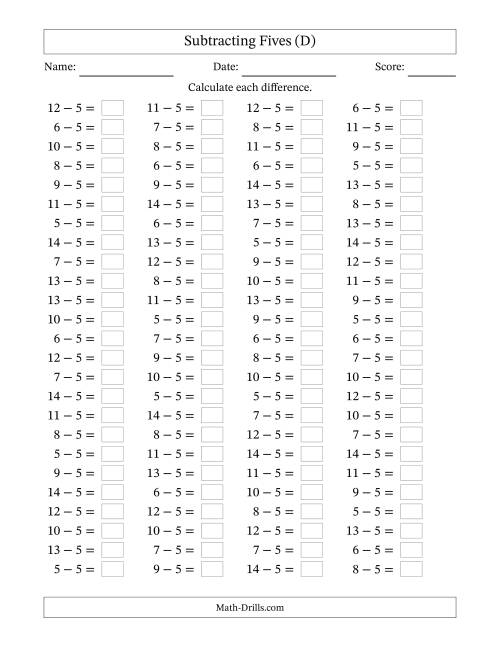 The Horizontally Arranged Subtracting Fives with Differences from 0 to 9 (100 Questions) (D) Math Worksheet