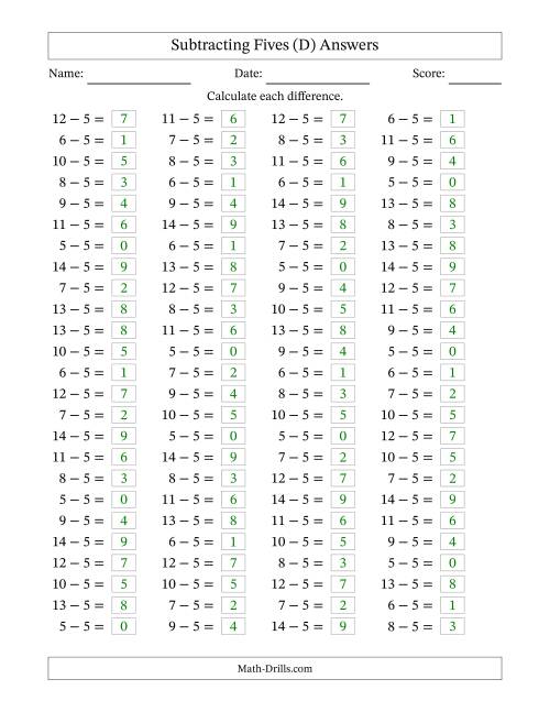 The Horizontally Arranged Subtracting Fives with Differences from 0 to 9 (100 Questions) (D) Math Worksheet Page 2