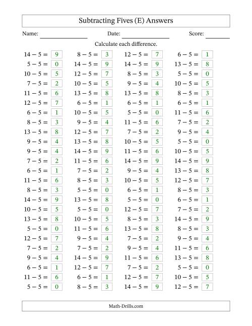 The Subtracting 5 (100 Horizontal Questions) (E) Math Worksheet Page 2