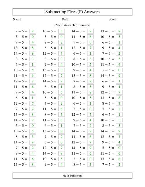 The Horizontally Arranged Subtracting Fives with Differences from 0 to 9 (100 Questions) (F) Math Worksheet Page 2
