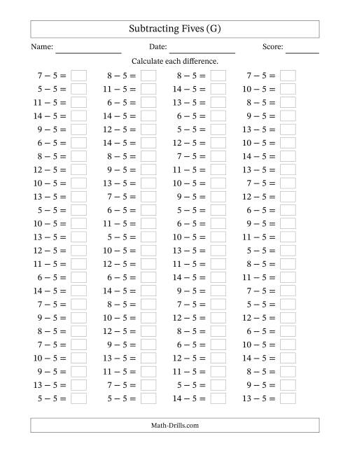 The Horizontally Arranged Subtracting Fives with Differences from 0 to 9 (100 Questions) (G) Math Worksheet