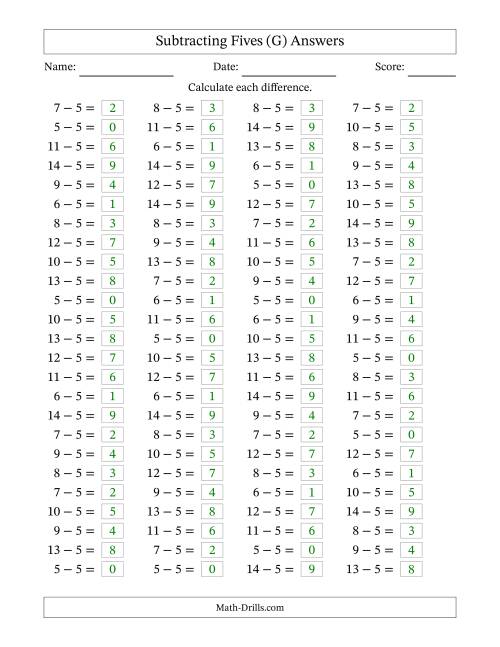 The Horizontally Arranged Subtracting Fives with Differences from 0 to 9 (100 Questions) (G) Math Worksheet Page 2